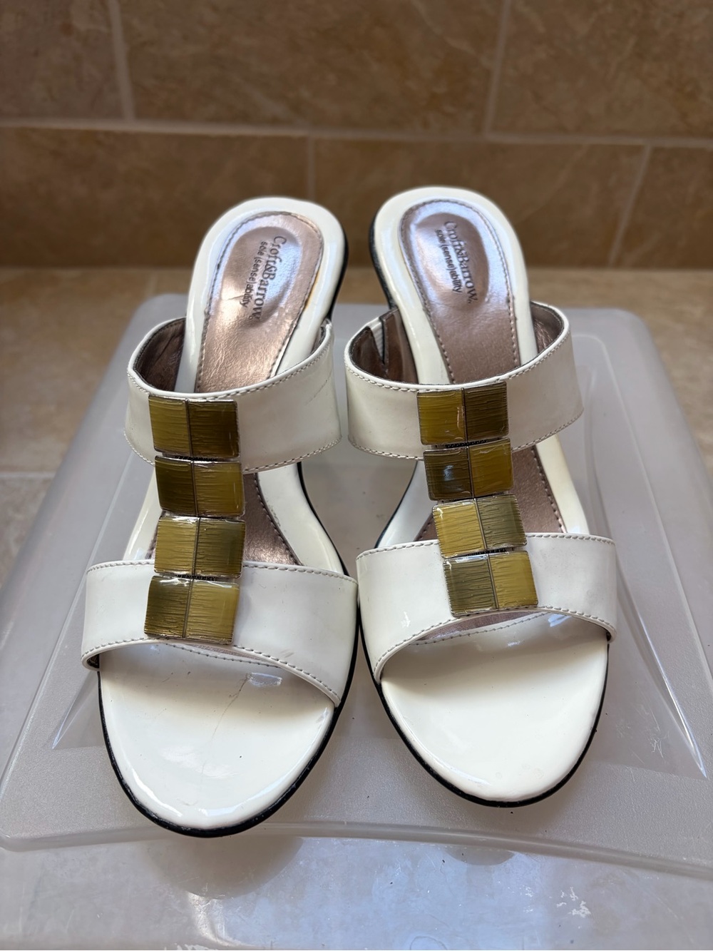 White Patent Slide Mules with Gold Accents